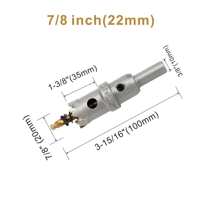 dashap 7/8''(22mm) TCT Hole Saw Kit,Tungsten Carbide Hole Saw Drill Bit with Titanium-Plated Pilot Drill bit for Hard Metal,Alloy,Aluminum,Stainless Steel,Plastic,Iron - Image 2